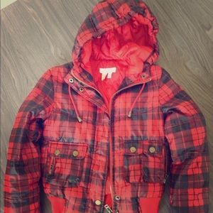 H&M Black and red plaid hooded puffer jacket